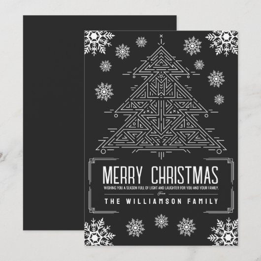 Moderne Deco Kerstboom Sneeuwvlokken Wit Zwart Feestdagenkaart (Voorkant / Achterkant)