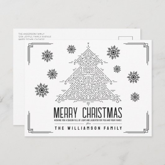 Moderne Deco Kerstboom Sneeuwvlokken Zwart Wit Feestdagenkaart (Voorkant / Achterkant)