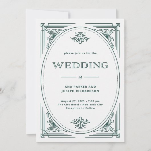 Moderne deco | Licht zilver wit en groen bruiloft Kaart (Voorkant)