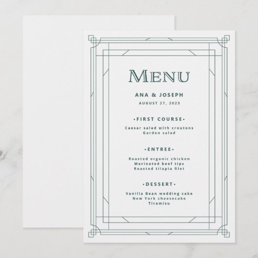 Moderne deco | Licht zilver wit en groen bruiloft Menu (Voorkant / Achterkant)