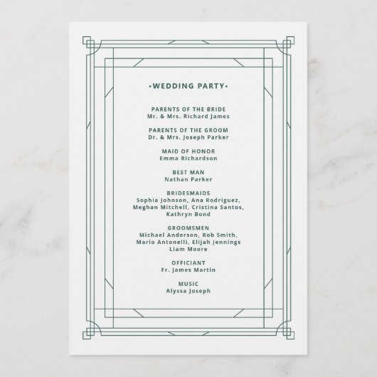 Moderne deco | Licht zilver wit en groen bruiloft Programmakaart (Achterkant)