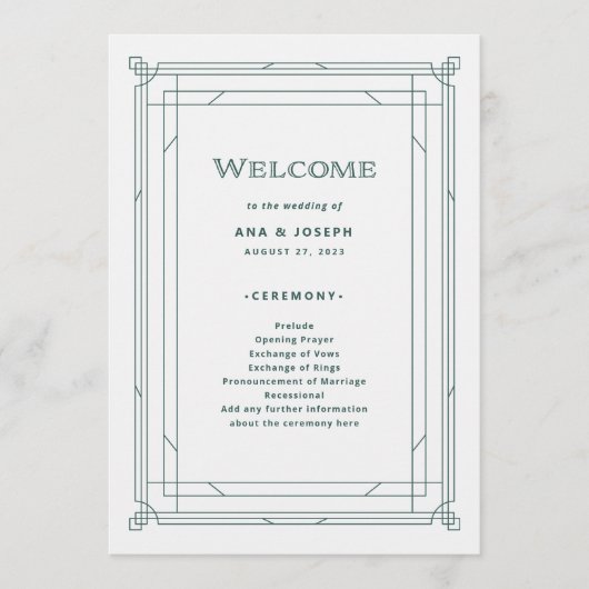 Moderne deco | Licht zilver wit en groen bruiloft Programmakaart (Voorkant)