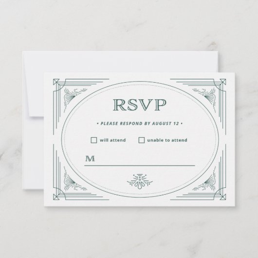 Moderne deco | Licht zilver wit en groen bruiloft RSVP Kaartje (Voorkant)
