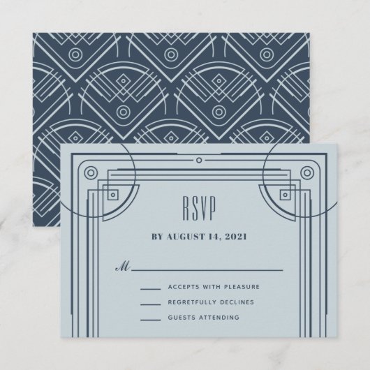 Moderne deco Lijst RSVP Enclosure Kaart - blauw (Voorkant / Achterkant)