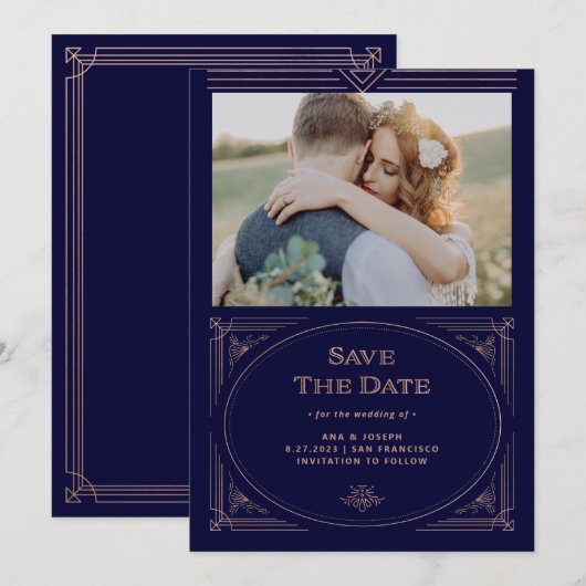 Moderne Deco | Nep roosgoud en marineblauwe foto Save The Date (Voorkant / Achterkant)