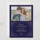 Moderne Deco | Nep Rose Goud en Marineblauw Foto Save The Date (Voorkant)