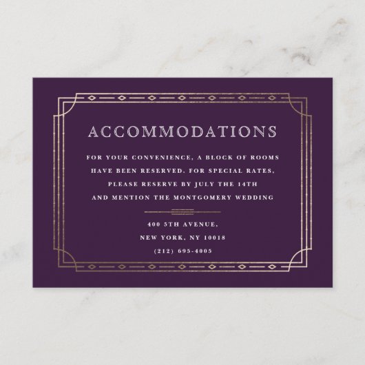 Moderne deco Plum Gold Foil Wedding Accommodatie Informatiekaartje (Voorkant)