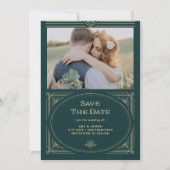 Moderne Deco | Smaragdgroene en Champagner Kleuren Save The Date (Voorkant)