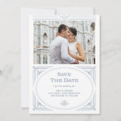 Moderne deco | Wit en stoffig blauw met foto Save The Date (Voorkant)