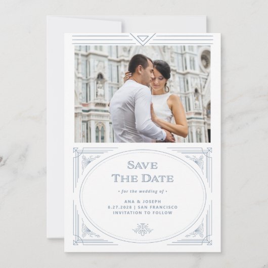 Moderne deco | Wit en stoffig blauw met foto Save The Date (Voorkant)