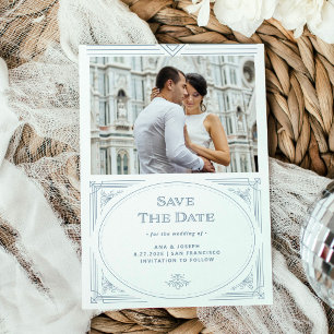 Moderne deco   Wit en stoffig blauw met foto Save The Date