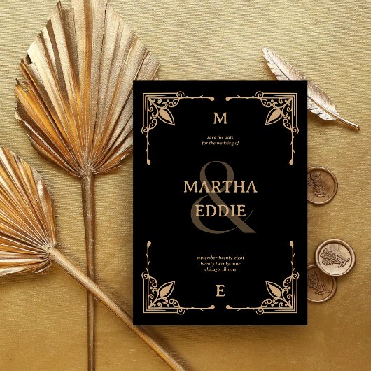 Moderne deco | Zwart en goud foto terug bruiloft Save The Date