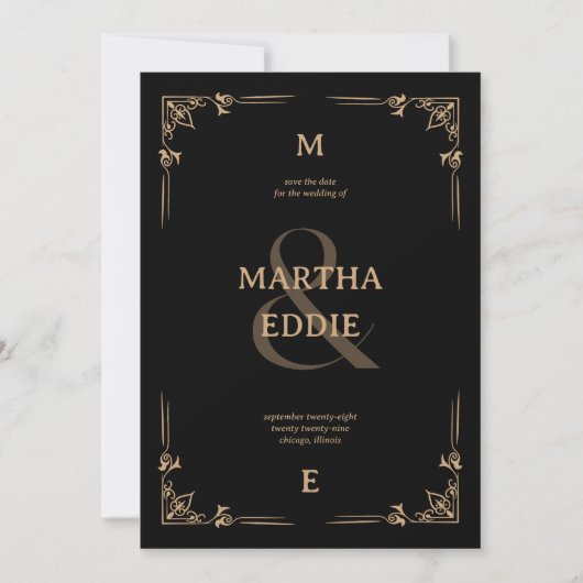 Moderne deco | Zwart en goud foto terug bruiloft Save The Date (Voorkant)
