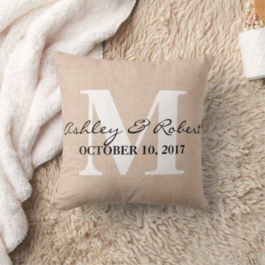 Moderne decoratieve Burlap White Monogram Weddensc Kussen (Deken)