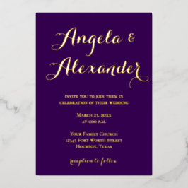 Moderne decoratieve kalligrafie donkere Paarse bru Folie Uitnodiging