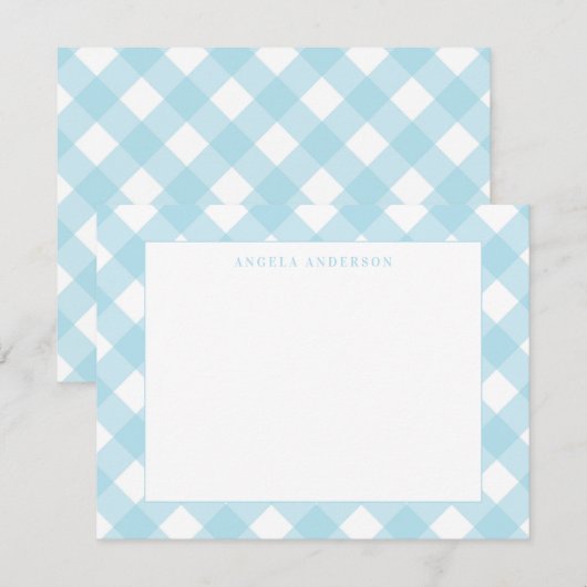 Moderne deeg licht blauw gingham met speldenknop notitiekaartje (Voorkant / Achterkant)