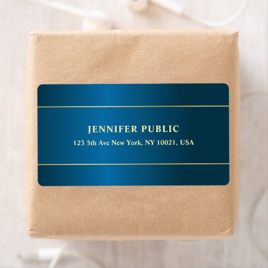 Moderne Deep Blue Gold Text Name Sjabloon Shipping Etiket (Insitu)