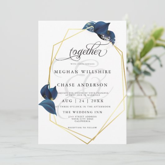 Moderne Deep Indigo Blue en GoldBarefootBride™ Kaart (Staand voorkant)