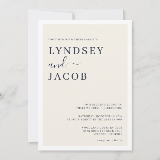 Moderne Deep Navy Blue en Cream Bruiloft Kaart (Voorkant)