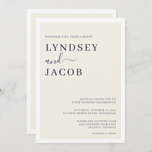 Moderne Deep Navy Blue en Cream Bruiloft Kaart (Voorkant / Achterkant)