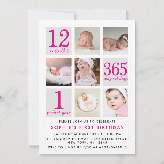 Moderne Deep Pink Fotocollage Eerste Verjaardag Kaart (Voorkant)