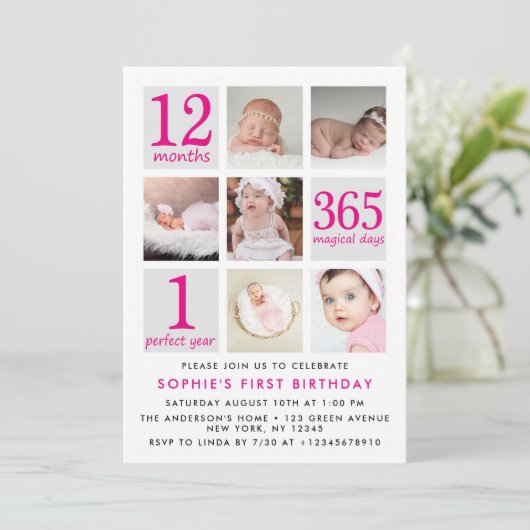 Moderne Deep Pink Fotocollage Eerste Verjaardag Kaart (Staand voorkant)