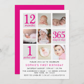 Moderne Deep Pink Fotocollage Eerste Verjaardag Kaart (Voorkant / Achterkant)