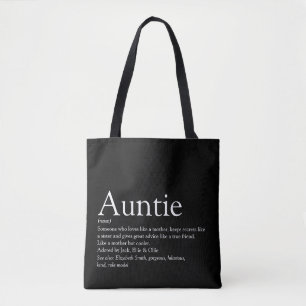 Moderne definitie van tante in zwart-wit tote bag