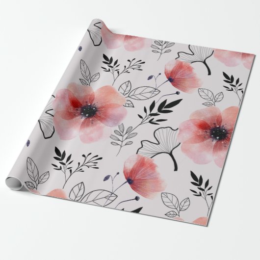 Moderne delicate oranje bloem bladeren cadeaupapier (Uitgerold)