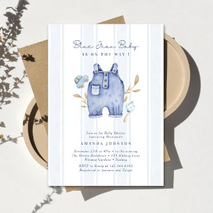 Moderne denim blauwe jeans strepen babyfeestje  kaart