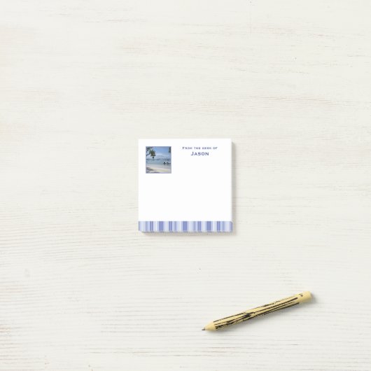 Moderne Denim Blue Stripes met Foto Post-it® Notes (Op bureau)