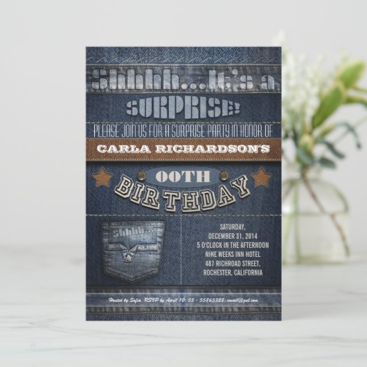 Moderne Denim Surprise verjaardagsfeestje Kaart (Staand voorkant)