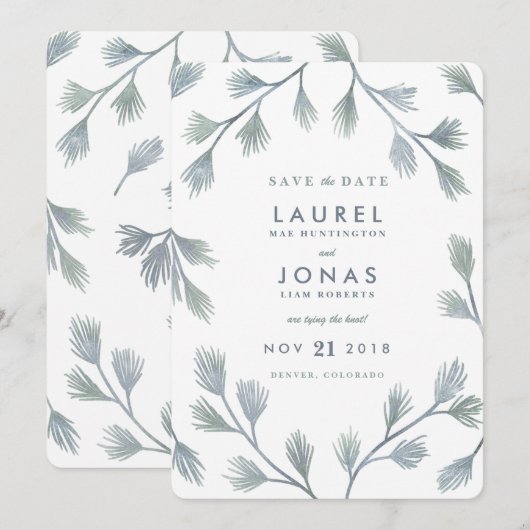 Moderne dennen groene + witte Save the Date Kaarte (Voorkant / Achterkant)