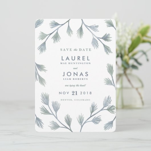 Moderne dennen groene + witte Save the Date Kaarte (Staand voorkant)