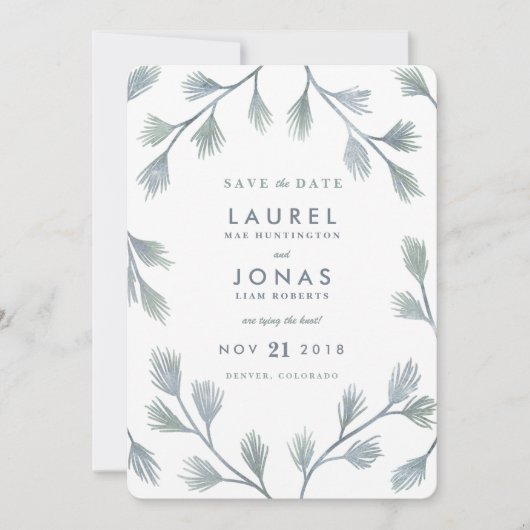 Moderne dennen groene + witte Save the Date Kaarte (Voorkant)
