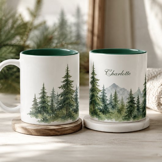 Moderne dennenboom winter aangepaste naam tweekleurige koffiemok