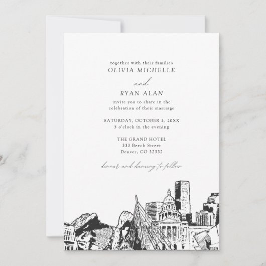 Moderne Denver Skyline zwart & wit bruiloft Kaart (Voorkant)