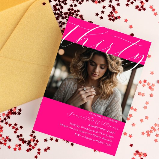 Moderne Dertig Roze Foto 30e verjaardag uitnodigin Kaart