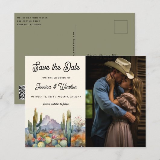 Moderne Desert Cactus Foto Bewaar de Datum Briefkaart (Voorkant / Achterkant)
