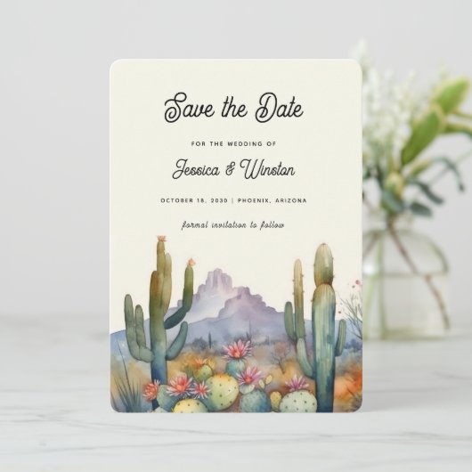 Moderne Desert Cactus Foto Bewaar de Datum Kaart (Staand voorkant)