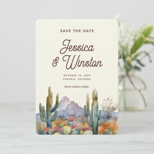Moderne Desert Cactus Foto Bewaar de Datum Kaart (Staand voorkant)