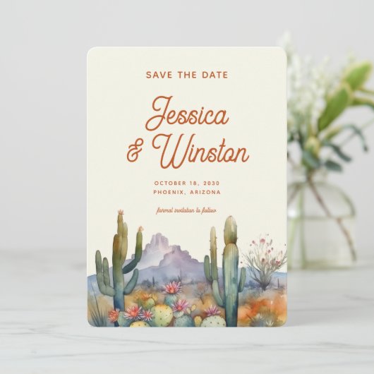 Moderne Desert Cactus Foto Bewaar de Datum Kaart (Staand voorkant)