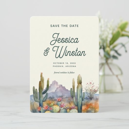 Moderne Desert Cactus Foto Bewaar de Datum Kaart (Staand voorkant)