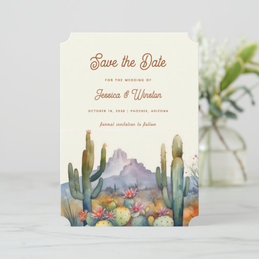 Moderne Desert Cactus Foto Bewaar de Datum Kaart (Staand voorkant)