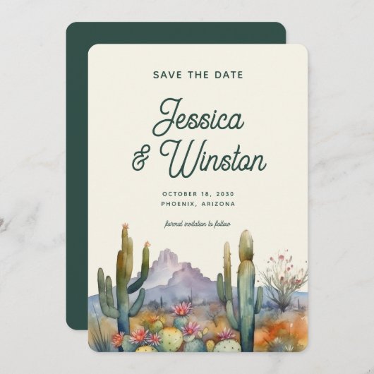 Moderne Desert Cactus QR-code Bewaar de datum Kaart (Voorkant / Achterkant)