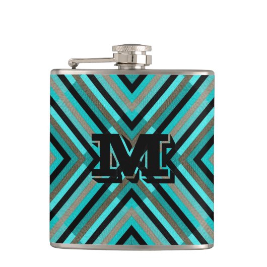 Moderne diagonale checker tinten groen, monogram heupfles (Voorkant)