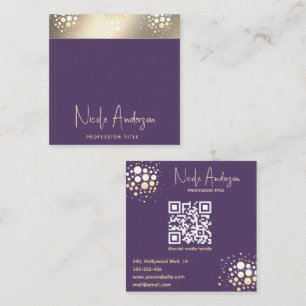 Moderne diep paarse luxegouden confetti QR-code Vierkante Visitekaartje