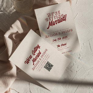 Moderne Diep Rode Retro Vet Unieke QR Code Huwelij Kaart