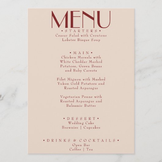 Moderne Diep Rode Retro Whimsical Fun Trouwdag Menu (Voorkant)