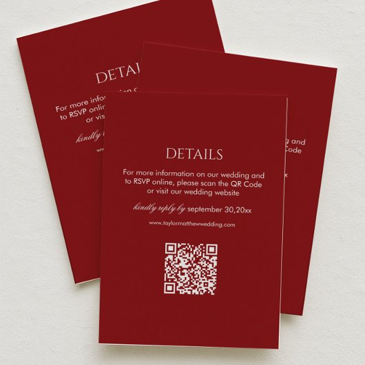 Moderne Diep Rode Trouwdetails Qr Code Informatiekaartje